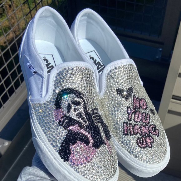 Blinged out Vans, Scream Ghost Face custom Vans slip ons, glass rhinestones  NEW - Picture 3 of 3